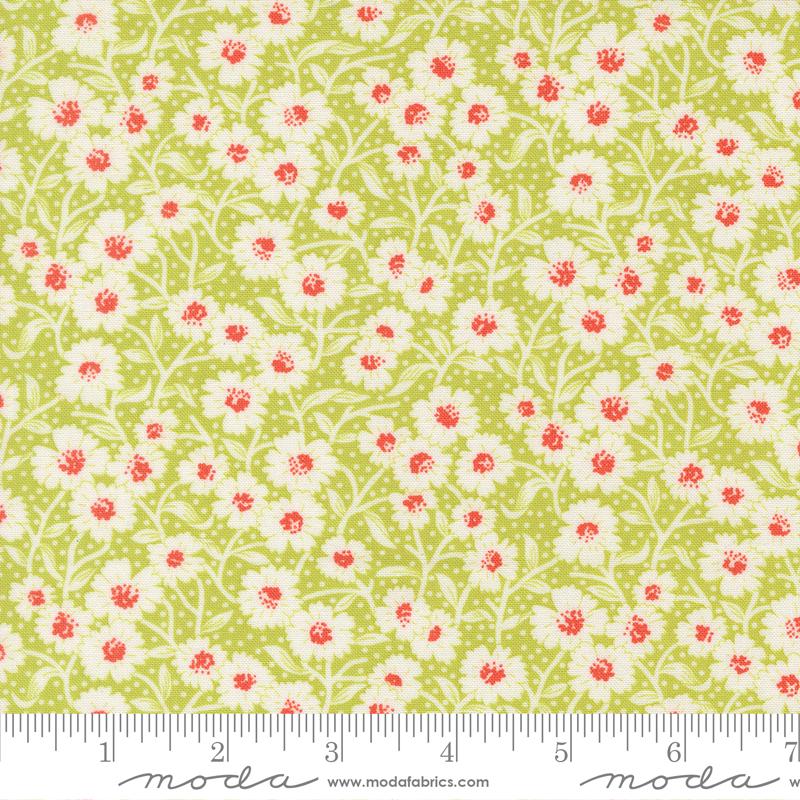 a repeating pattern of white and red flowers on a green background.