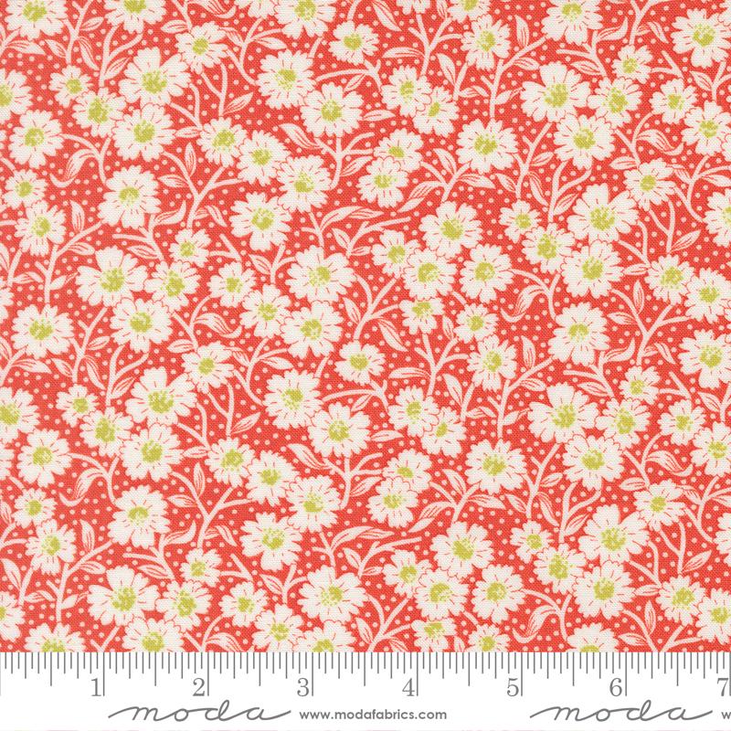 a repeating pattern of white flowers with green centers against a red background.