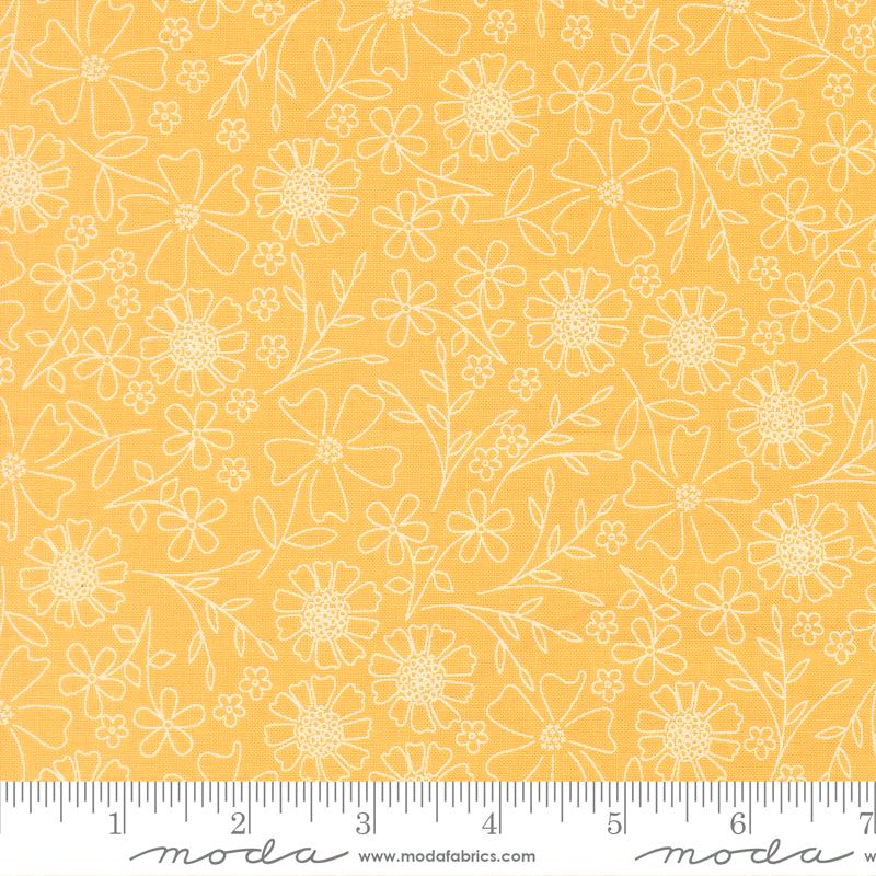The image is a repeating pattern of yellow flowers and leaves on a fabric surface.