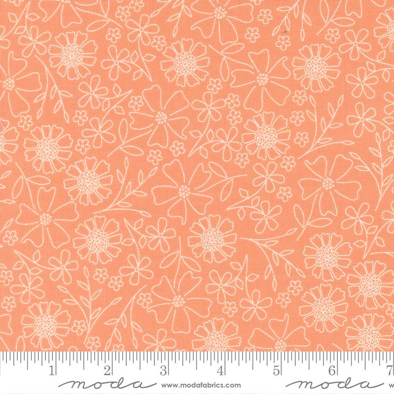 a repeating pattern of white flowers and leaves on an orange background.