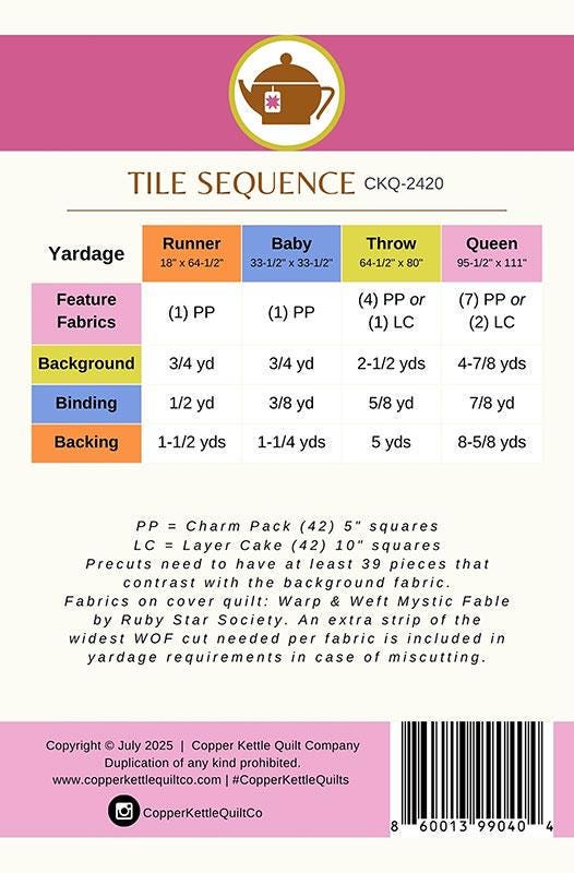 Tile Sequence Quilt Pattern by Copper Kettle Quilt Company CKQ-2420 By Sarah Sumbera 4 Sizes available