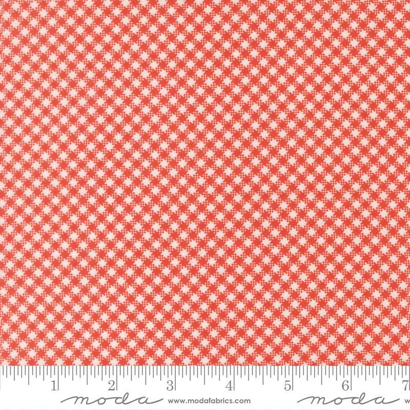 a close-up view of a fabric with a red and white checkered pattern. The fabric appears to be made of a material with a grid-like texture, which creates a repeating pattern of small squares or rectangles. The fabric is displayed against a ruler for scale, indicating its size.