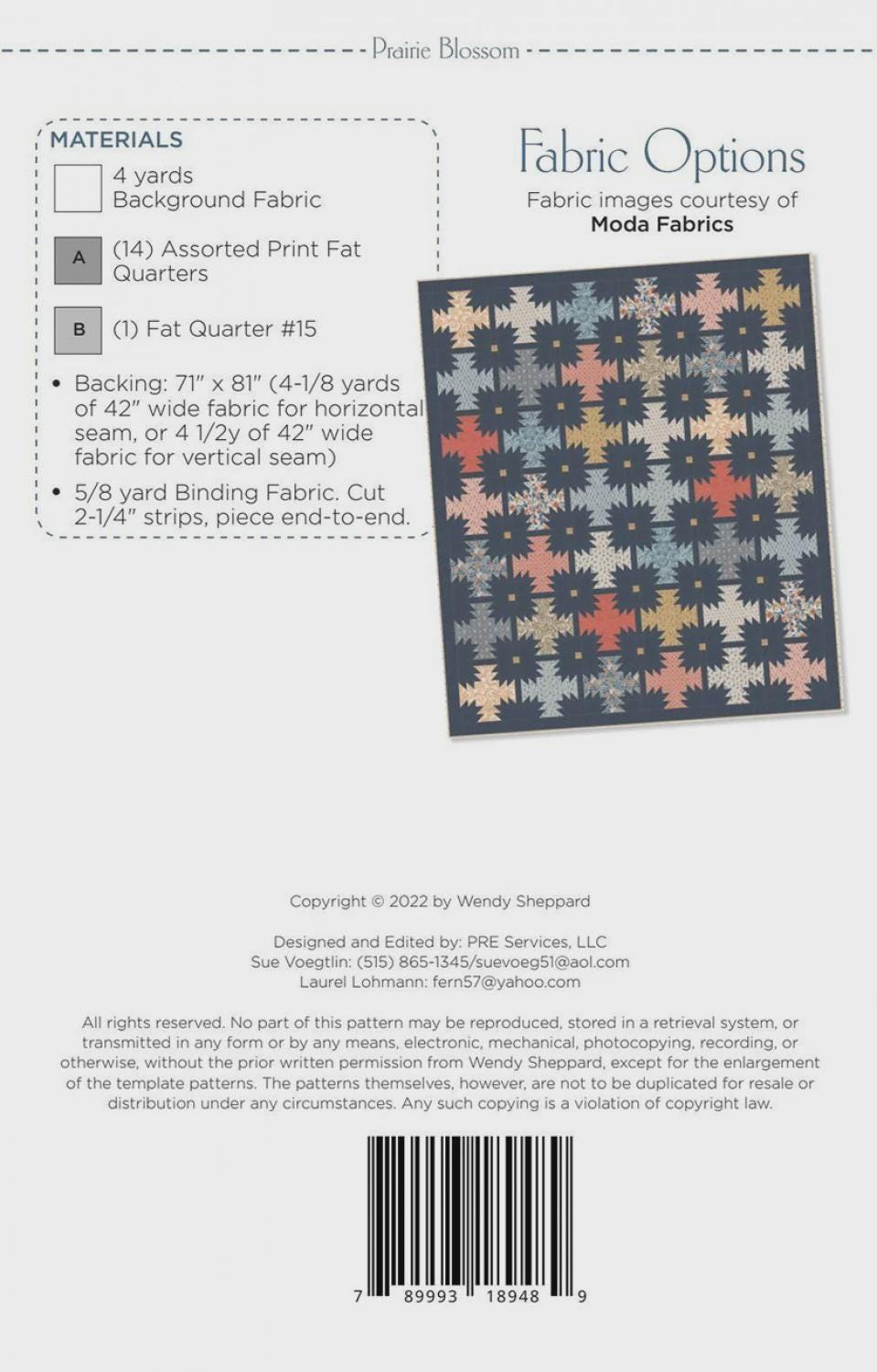 Prairie Blossom Printed Quilt Pattern WS48 by Wendy Sheppard 63" x 73"