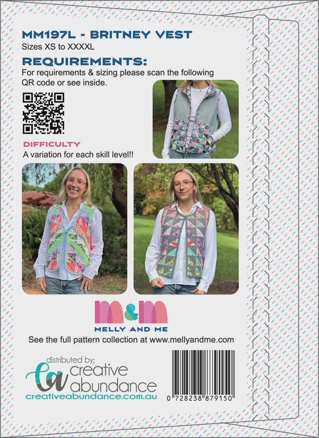 Britney Vest Pattern - MM197L by Melly and Me 3 variations Sizes XS-XXXXL