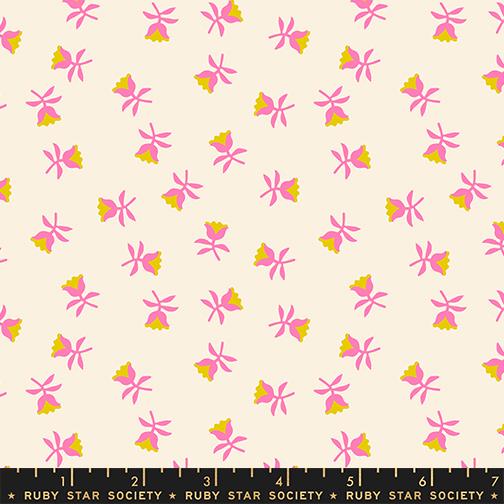 a repeating pattern of pink flowers and yellow flowers on a light beige background.