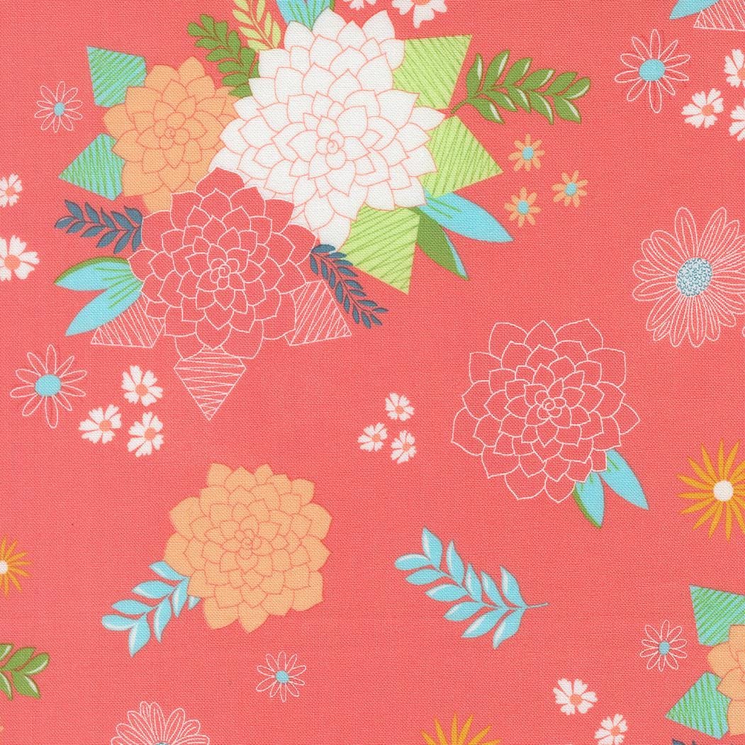 a vibrant and colorful floral pattern with various flowers and leaves in shades of pink, orange, and green against a red background.