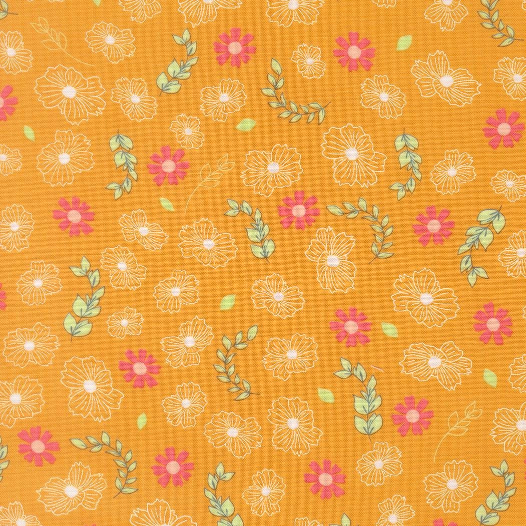 a repeating pattern of yellow flowers and green leaves on a light orange background.