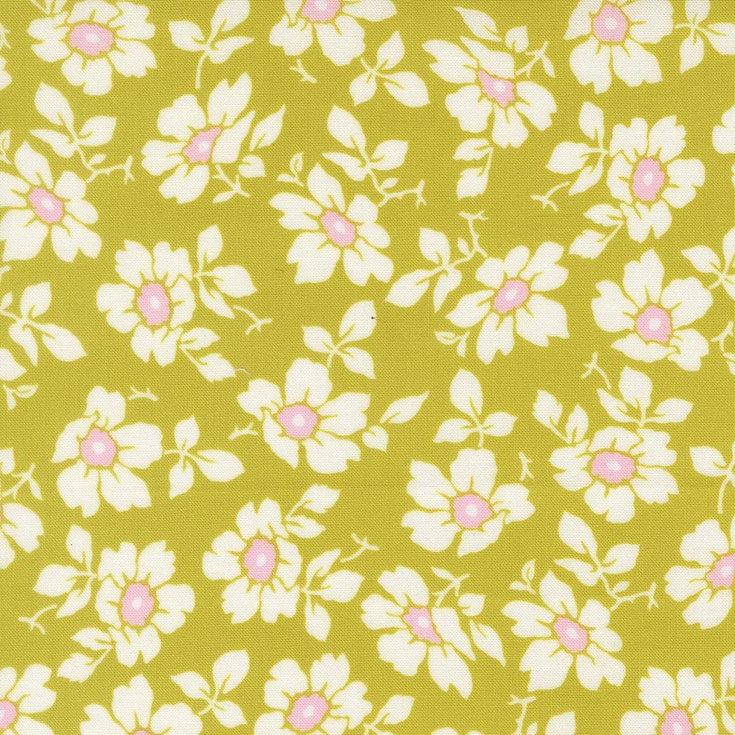 a repeating pattern of white flowers with pink centers against a green background.
