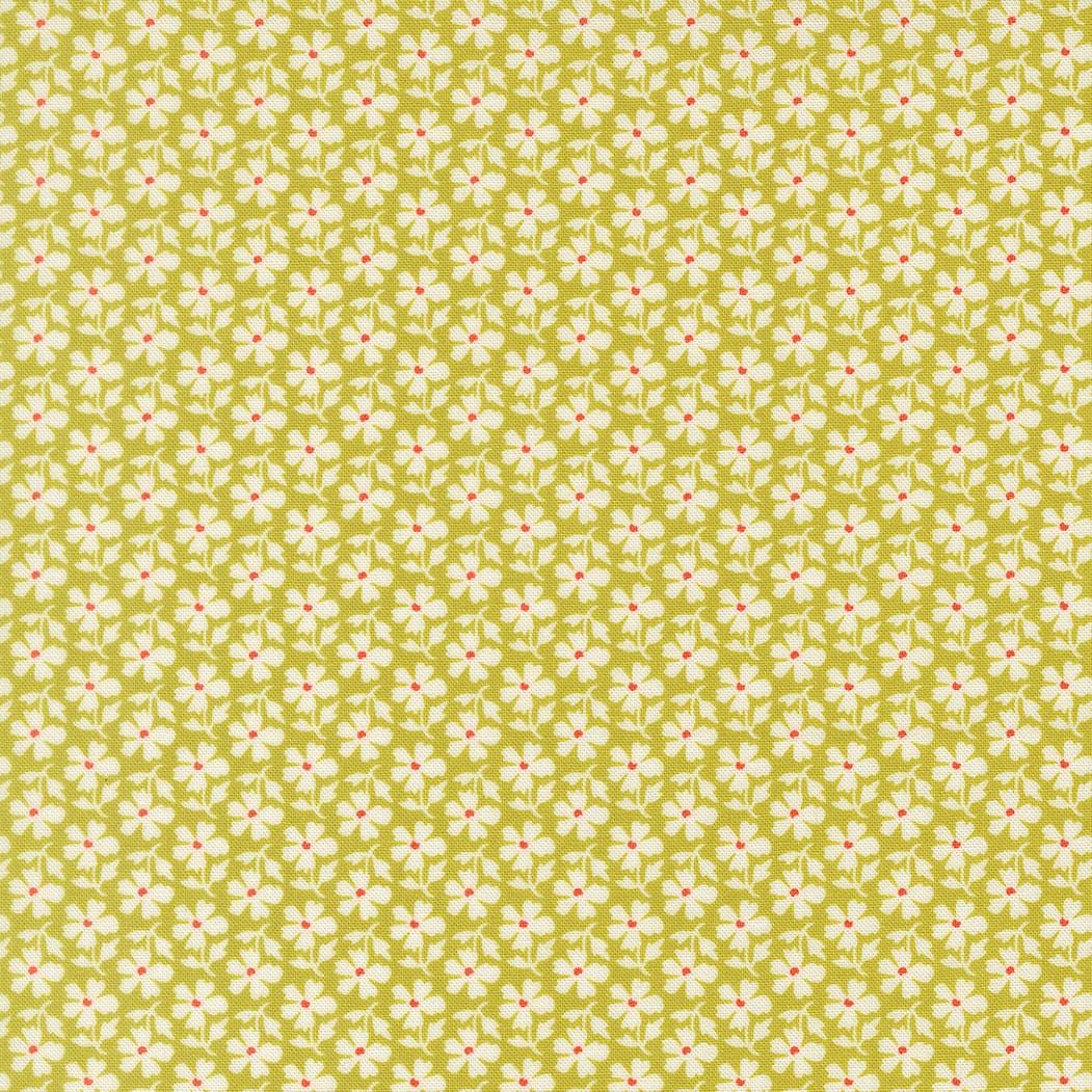 a repeating pattern of white flowers on a green background.