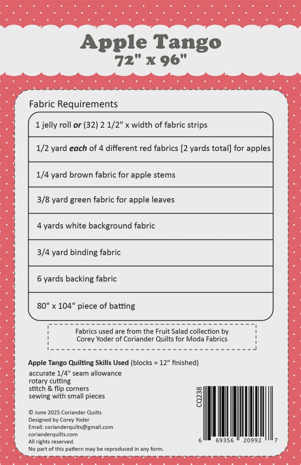 Apple Tango Quilt Pattern by Coriander Quilts CQ238 72" x 96"