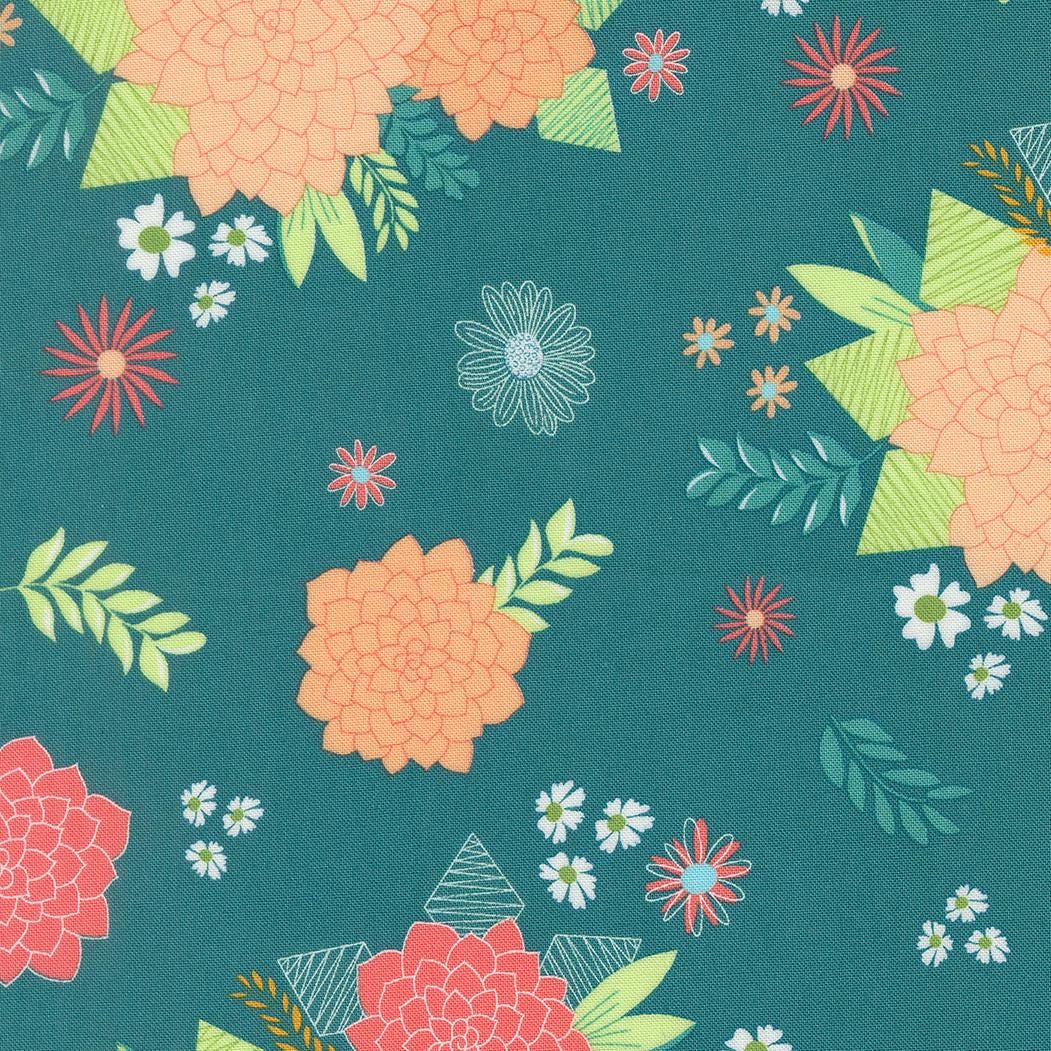 a vibrant and colorful floral pattern with various flowers and leaves in shades of orange, pink, and green against a dark green background.