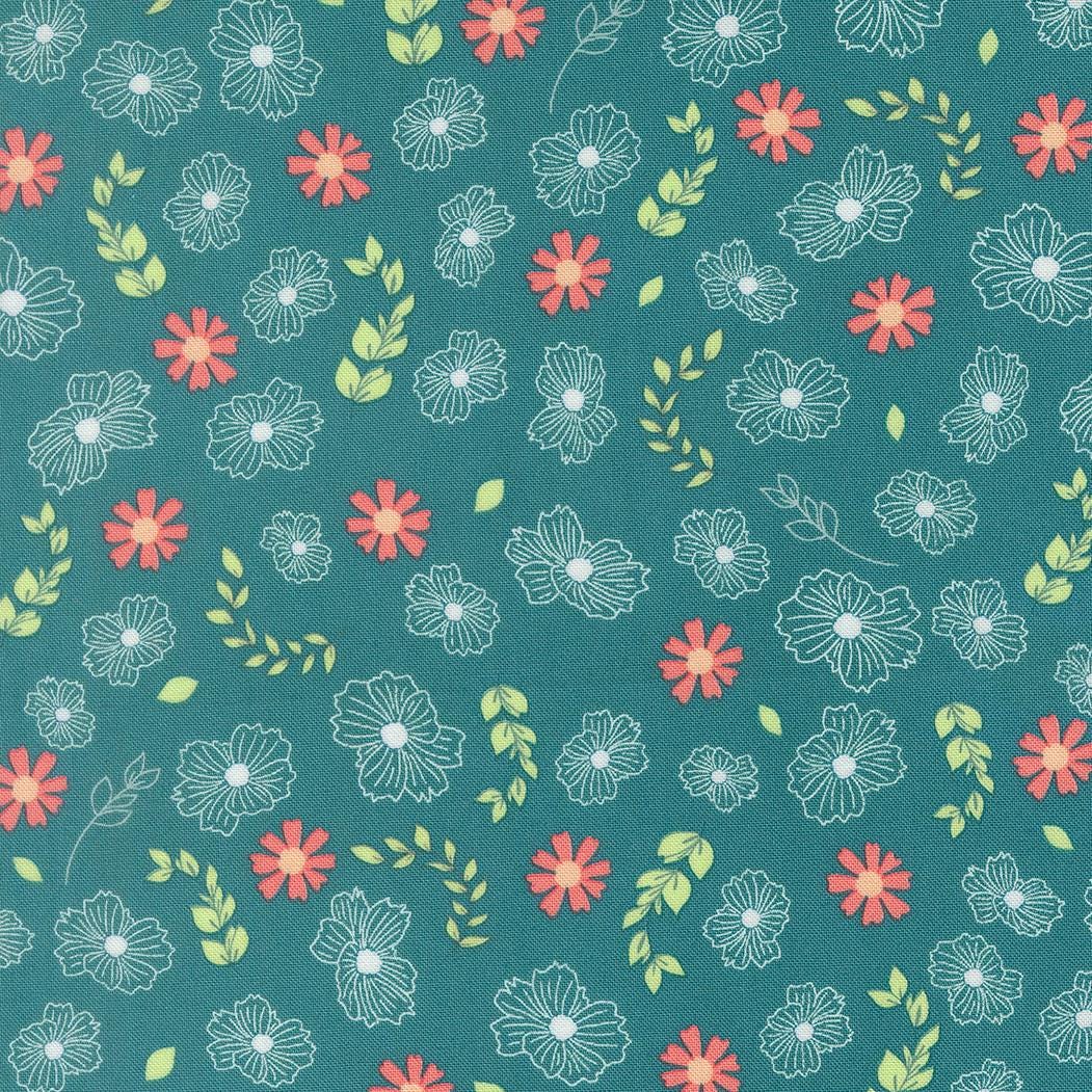 a repeating pattern of pink and white flowers and green leaves on a dark green background.