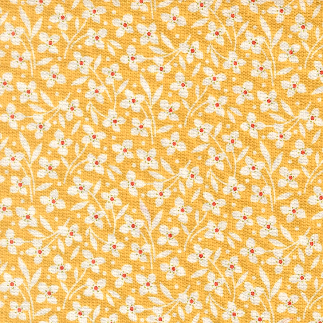 a repeating pattern of white flowers with red centers against a yellow background.