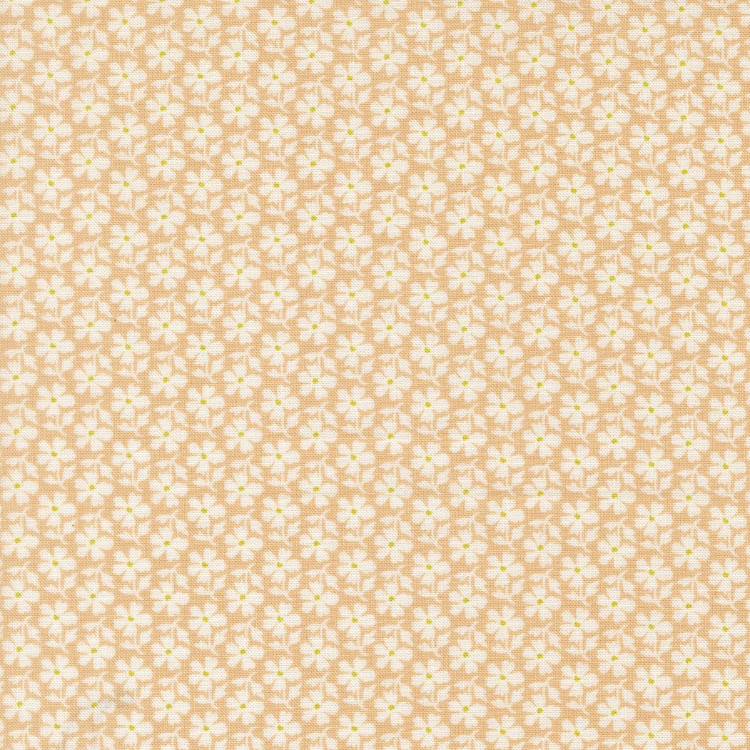 a repeating pattern of white flowers on a beige background.