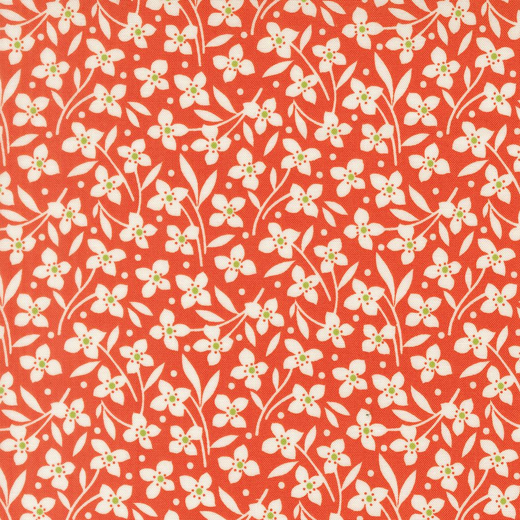a repeating pattern of white flowers with green centers against a red background.