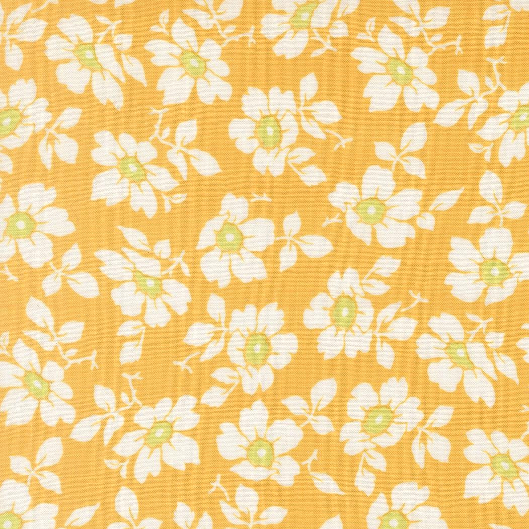 a repeating pattern of white flowers with green centers against a yellow background.