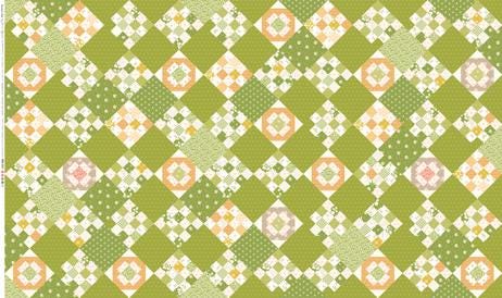 The image is a collage of various geometric patterns and shapes, including squares, rectangles, and diamonds, arranged in a repeating pattern. The colors used are green, orange, and white, creating a visually striking and vibrant design.