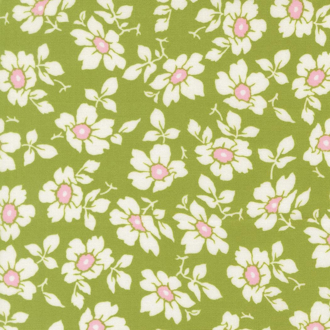 a repeating pattern of white flowers with pink centers against a green background.