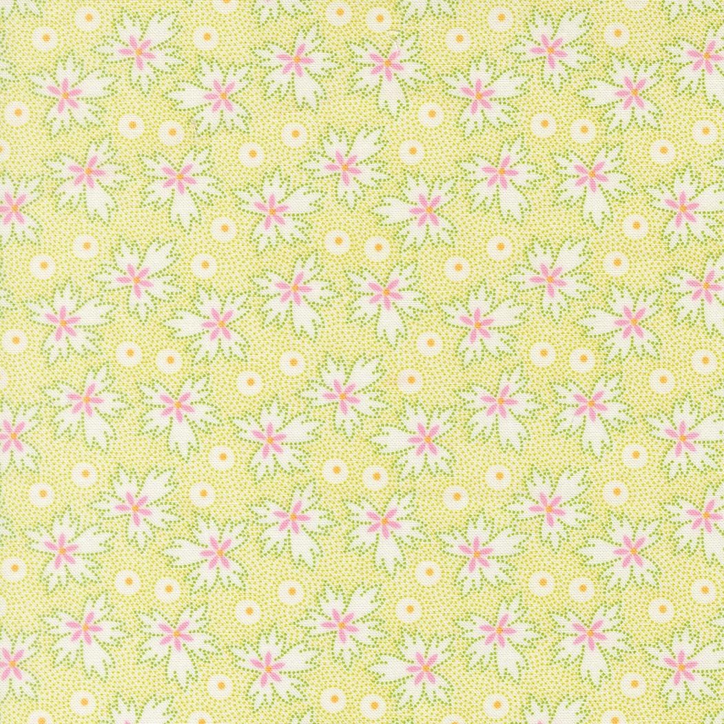 a repeating pattern of pink and white flowers on a yellow background.