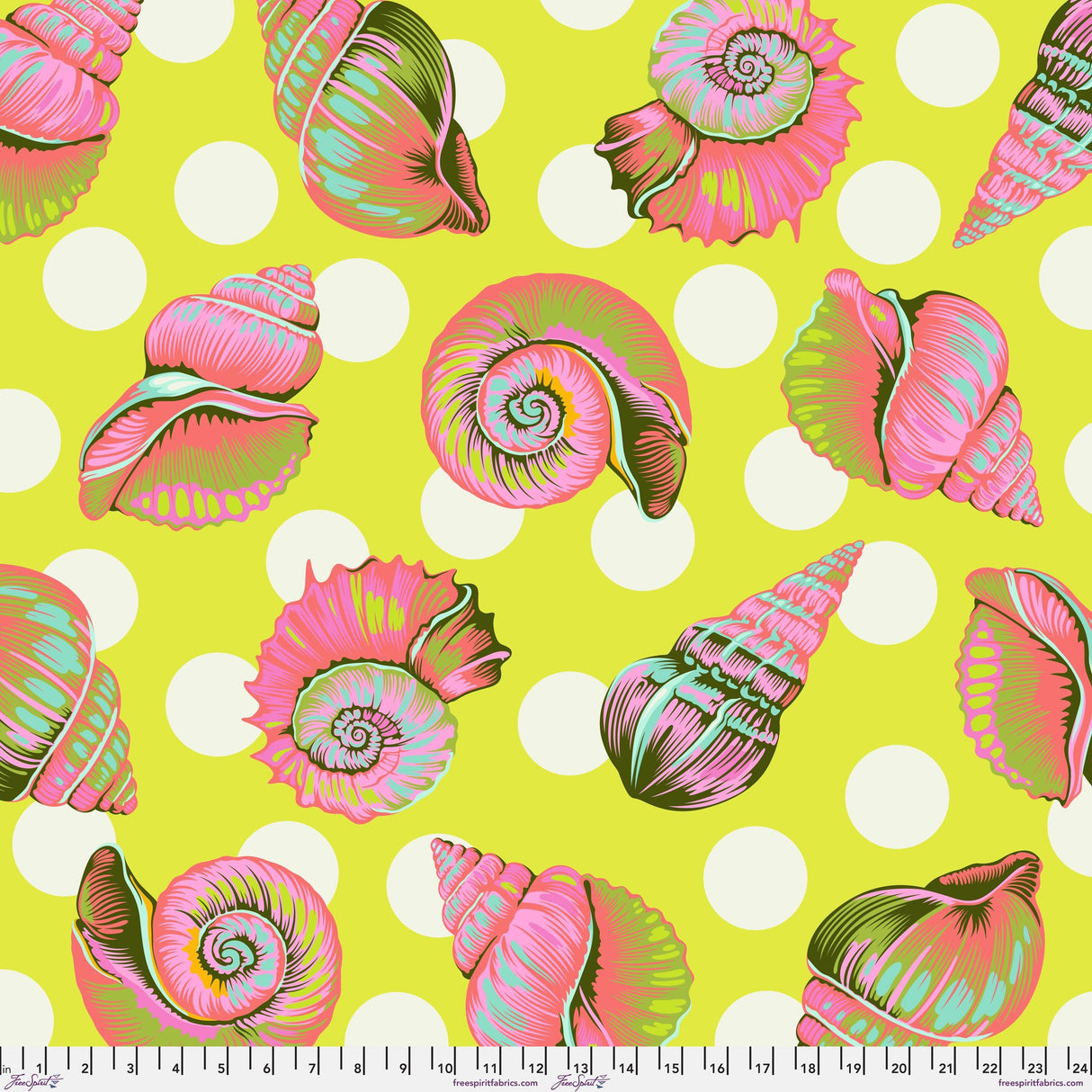a vibrant and colorful pattern of pink and green seashells against a yellow background with white polka dots.