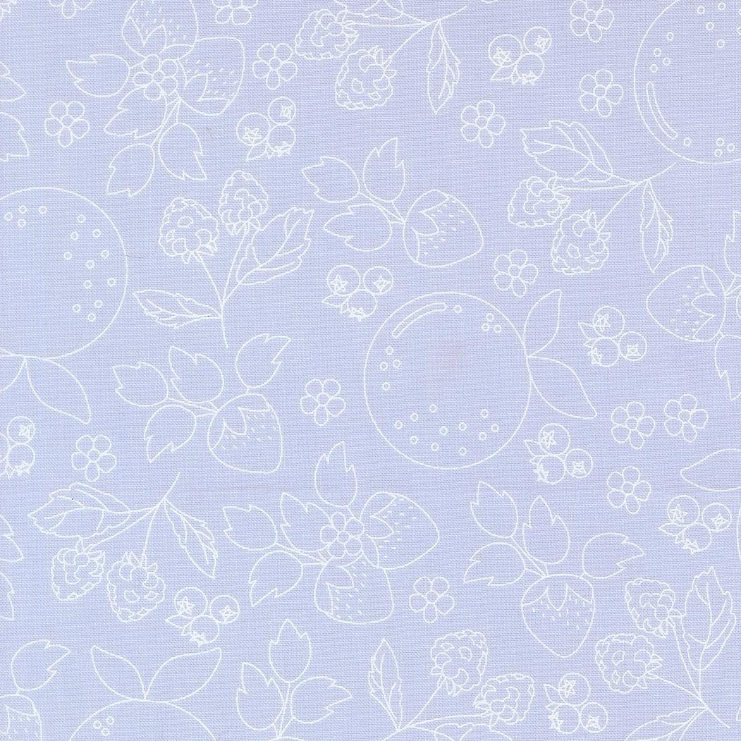 a repeating pattern of various fruits and flowers, including strawberries, blueberries, and leaves, all outlined in white against a light blue background.