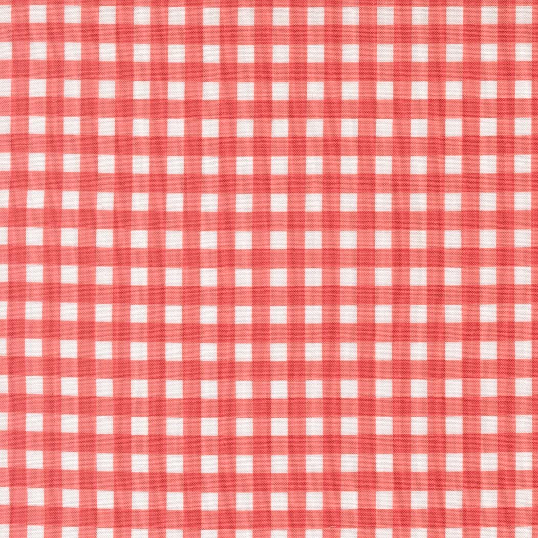 a red and white checkered pattern, which appears to be a fabric or textile. The pattern consists of a grid-like arrangement of squares, with alternating red and white squares. The image does not contain any text or other discernible objects or actions.