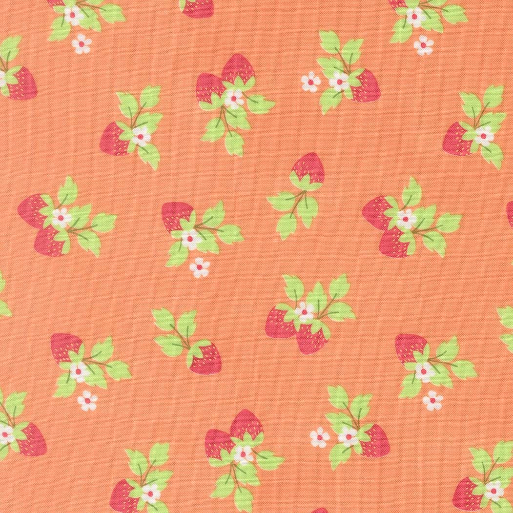 a repeating pattern of pink and green flowers and leaves on an orange background.
