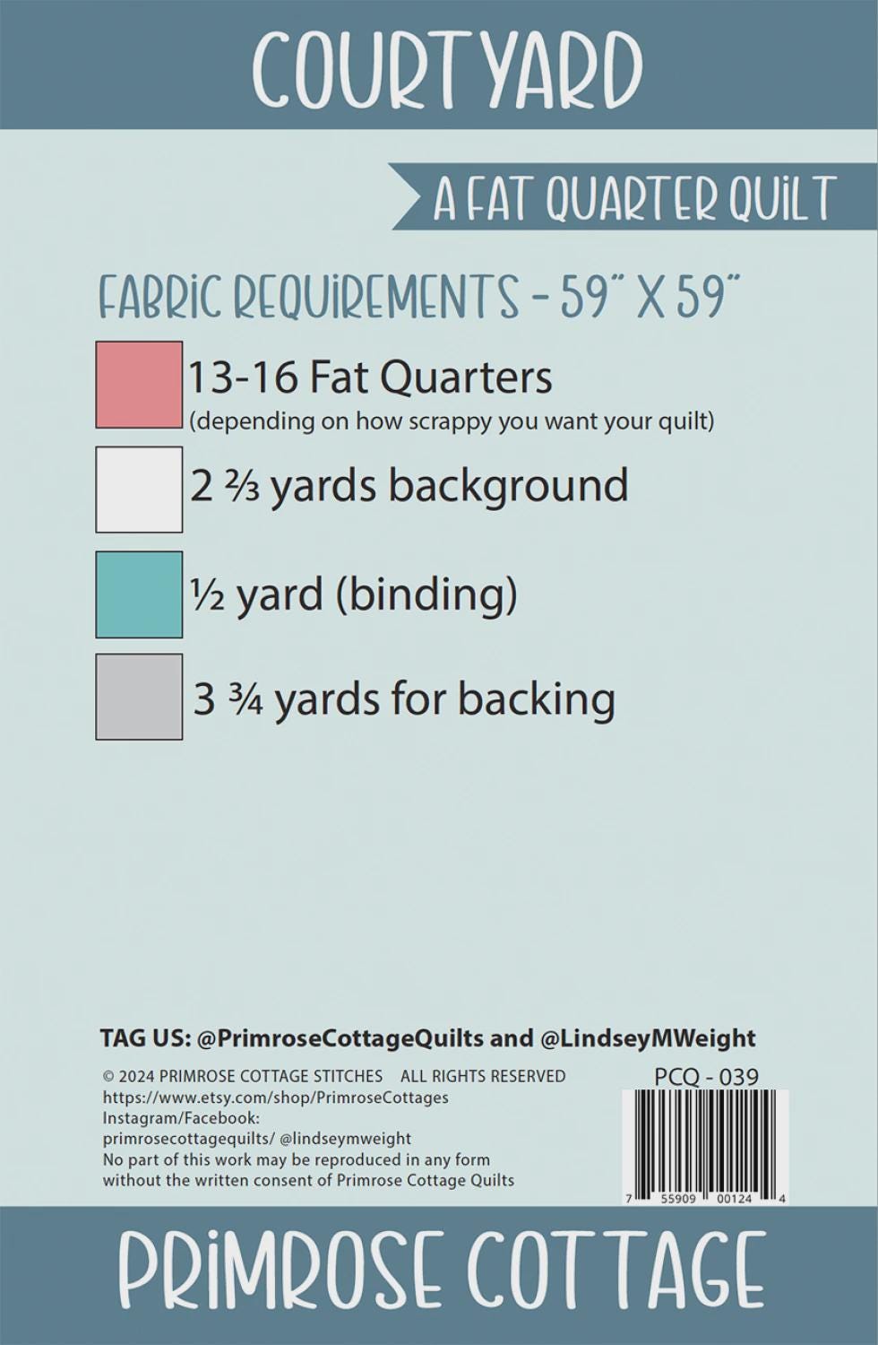 Courtyard Quilt Sewing Pattern by Lindsey Weight of Primrose Cottage - PCQ-039