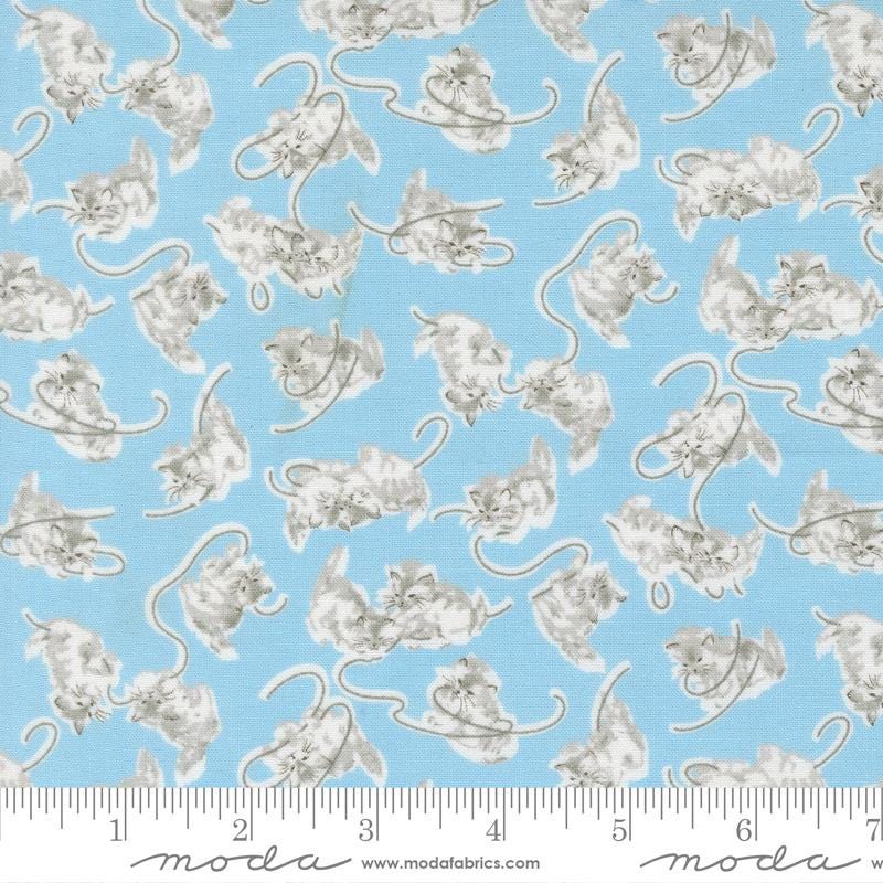 a repeating pattern of gray and white cats against a light blue background.
