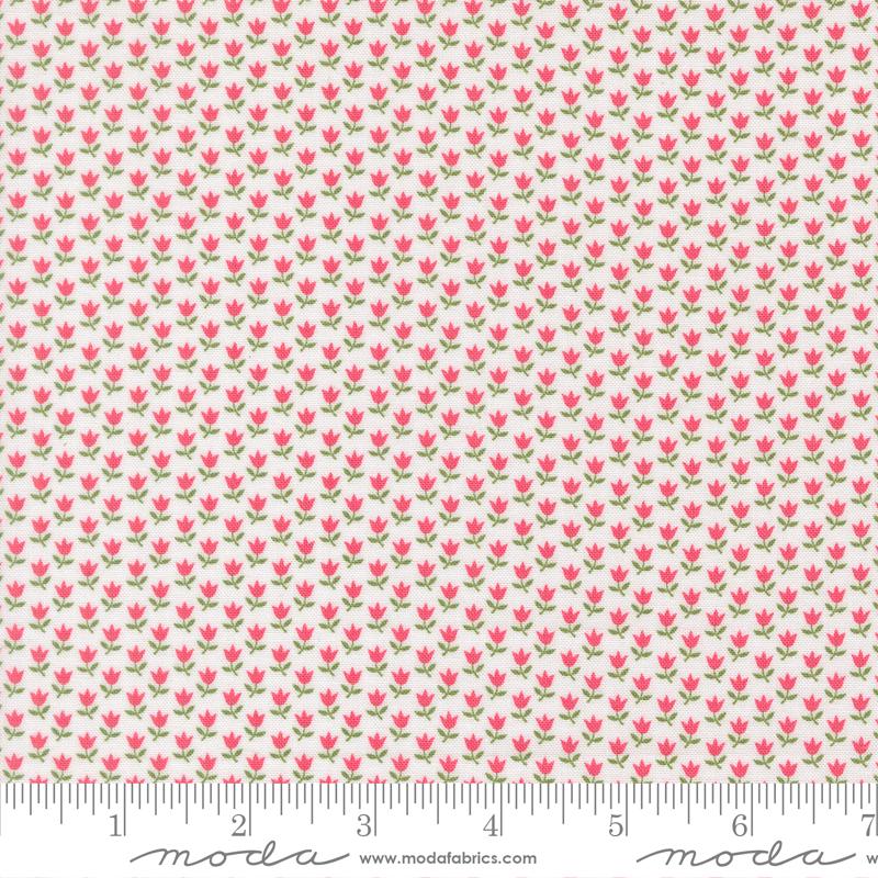 a repeating pattern of pink flowers on a white background.