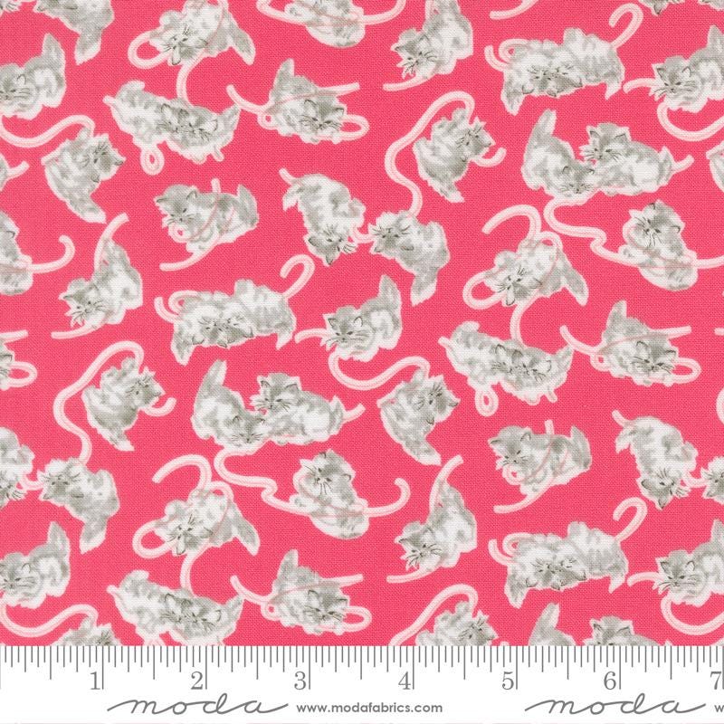 a repeating pattern of gray cats on a bright pink background.
