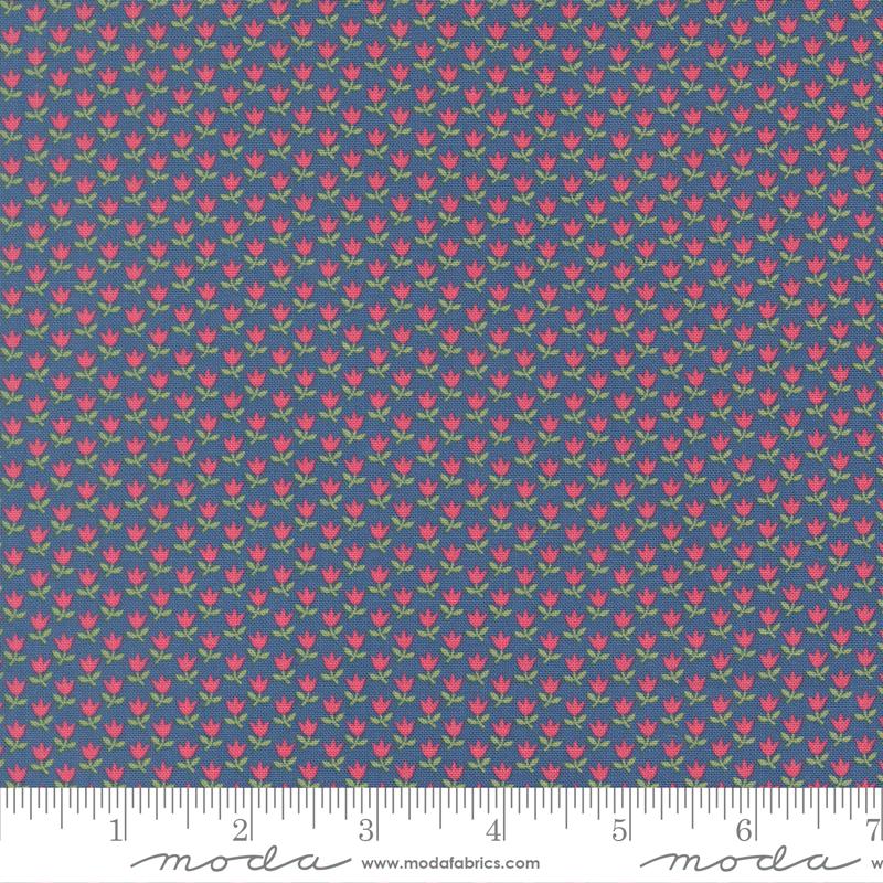 a repeating pattern of red flowers on a dark blue background.