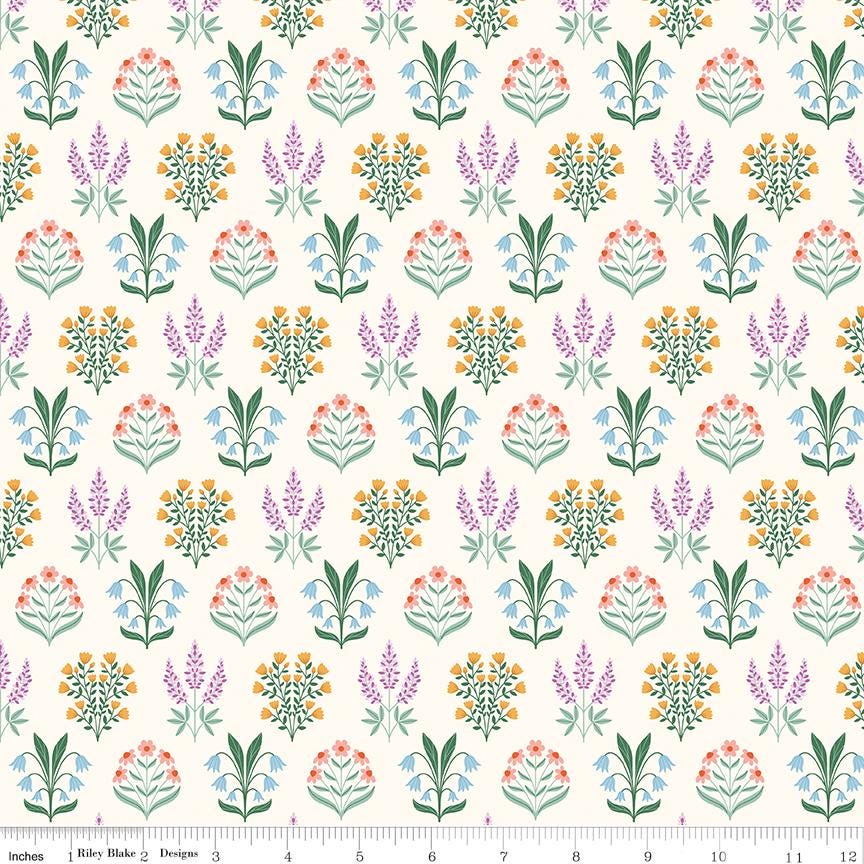 a repeating pattern of various flowers and plants in different colors, including pink, orange, green, and purple.