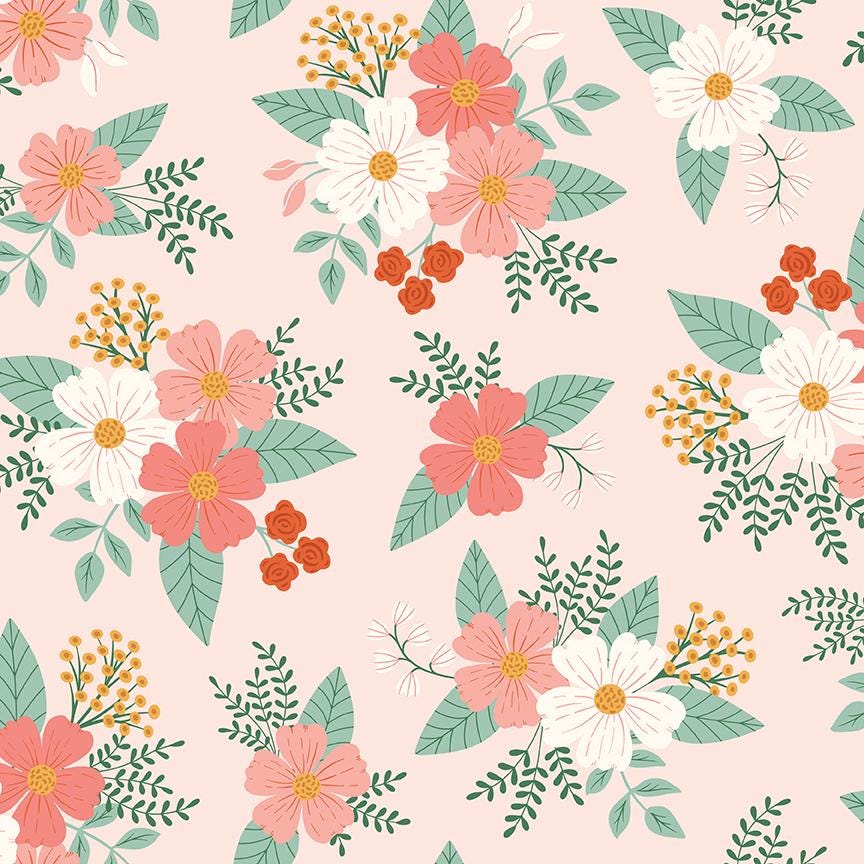a repeating pattern of pink and white flowers with green leaves, creating a visually appealing and harmonious design.