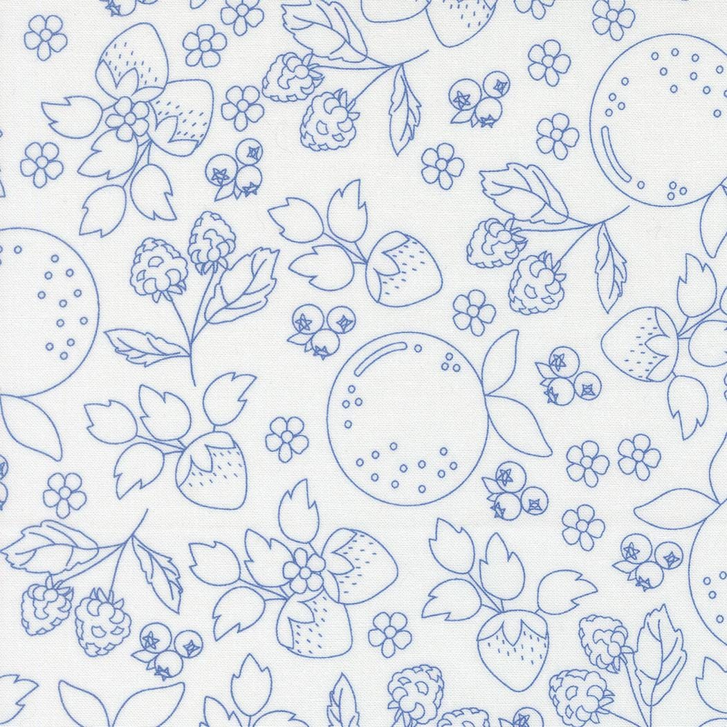 a repeating pattern of various fruits and flowers, including strawberries, blueberries, and leaves, all drawn in a simple, line-drawn style.