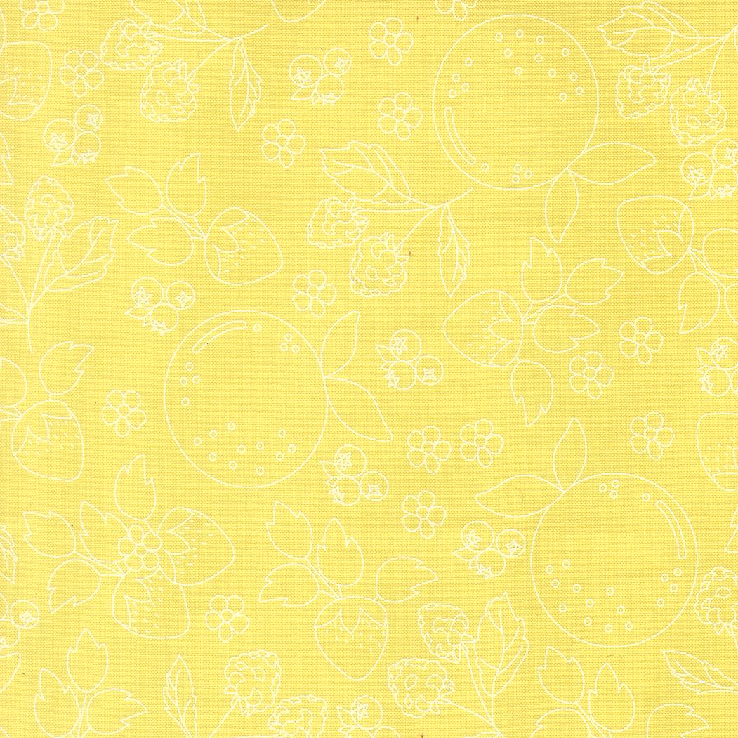 a repeating pattern of various fruits and flowers on a yellow background.