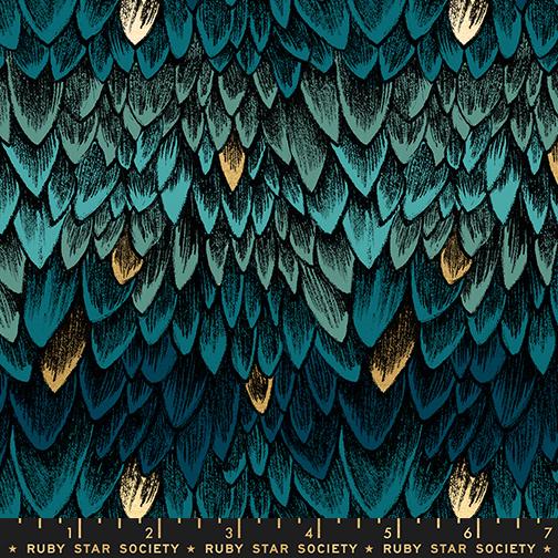 The image is a close-up of a textured surface with a repeating pattern of green and blue feathers or leaves, creating a visually striking and intricate design.