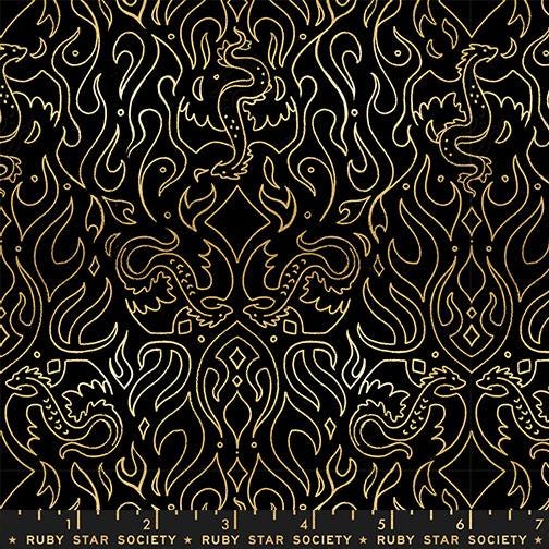 The image is a repeating pattern of stylized golden designs on a black background, featuring intricate shapes and lines that create a visually striking and symmetrical design.