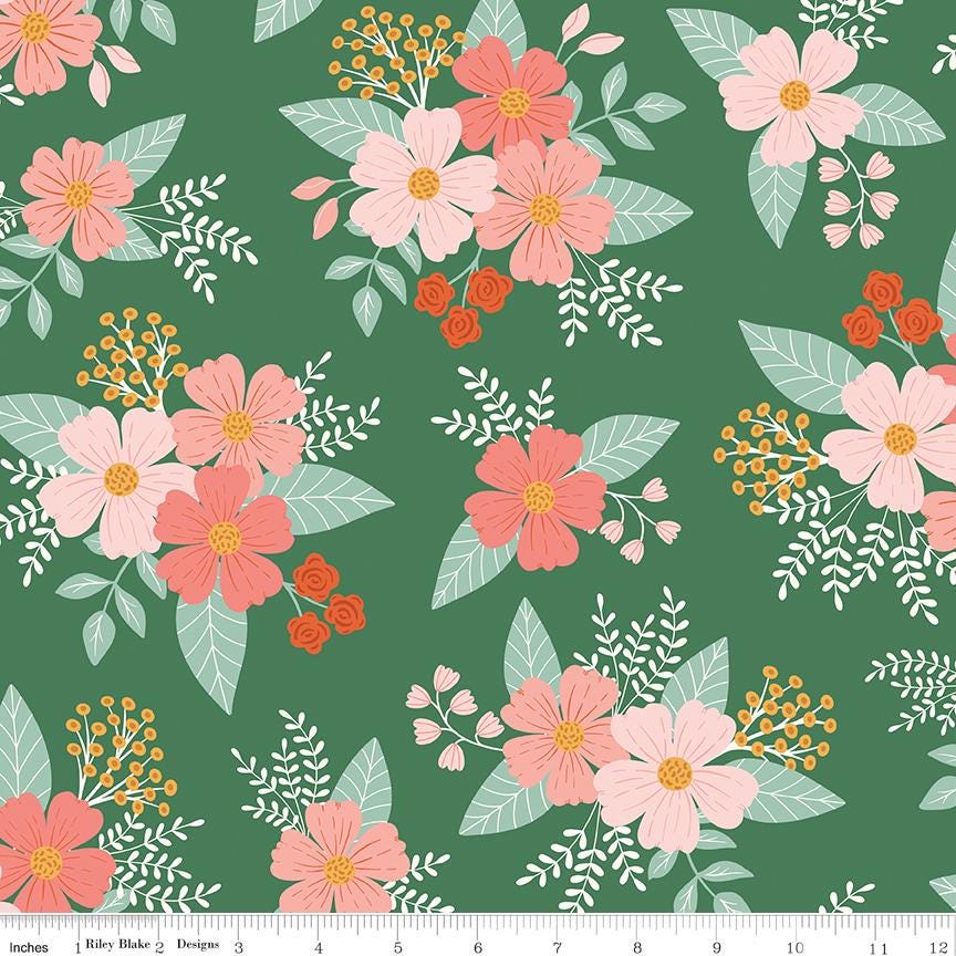 a repeating pattern of pink and orange flowers with green leaves against a dark green background.