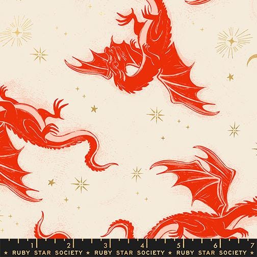 a red dragon with wings spread wide, flying through a starry night sky.