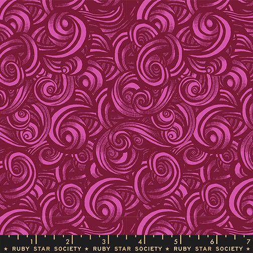 The image is a vibrant, abstract pattern with swirling shapes and lines in shades of pink and red. The pattern appears to be a repeating design, creating a sense of movement and dynamism.