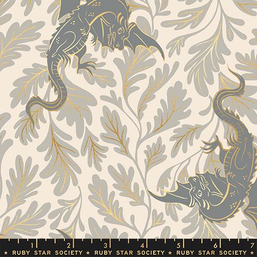 a repeating pattern of two stylized dragons, one on each side, against a background of leaves and branches in shades of gray and gold.
