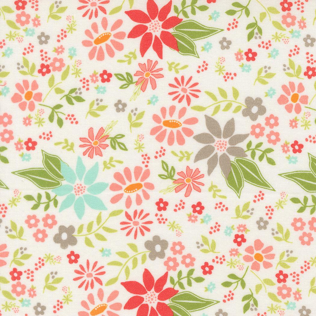 a repeating pattern of colorful flowers and leaves on a white background.