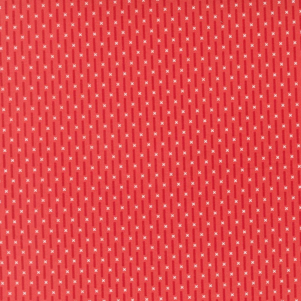 The image is a red fabric with white dots arranged in a diagonal pattern, creating a visually striking and textured appearance.