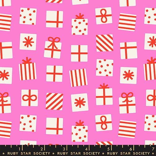 a pattern of red and white gift boxes with polka dots on a pink background.