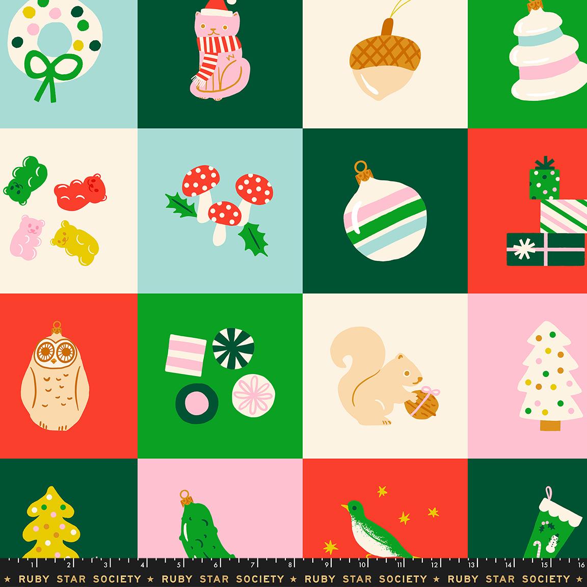 The image is a collage of various Christmas-themed illustrations, including a wreath, a cat, mushrooms, ornaments, a gift box, a squirrel, an owl, a Christmas tree, and stars.