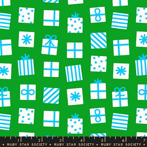 a pattern of various gift boxes and presents in shades of green and white, with blue polka dots and bows.
