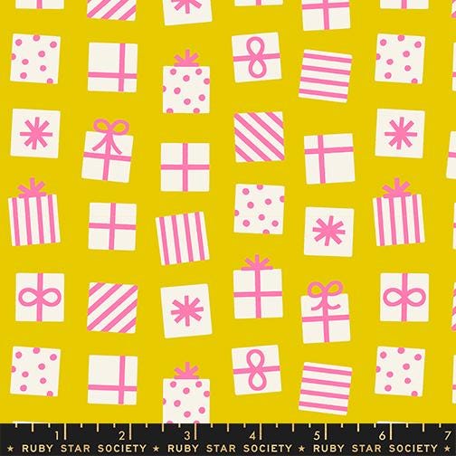 a pattern of various gift boxes and presents in shades of pink and white against a yellow background.
