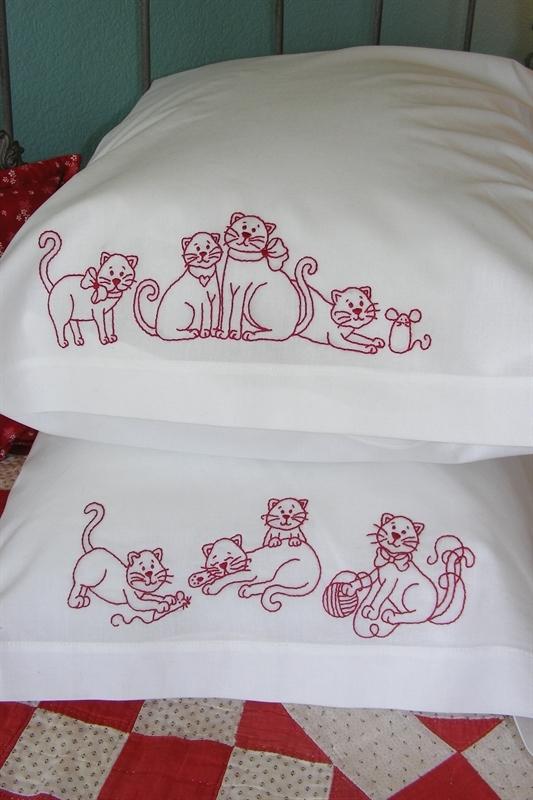 Frisky Kitties Redwork Pillowcase BBD610 From Bird Brain Designs by Robin Kingsley Printed Pattern Only