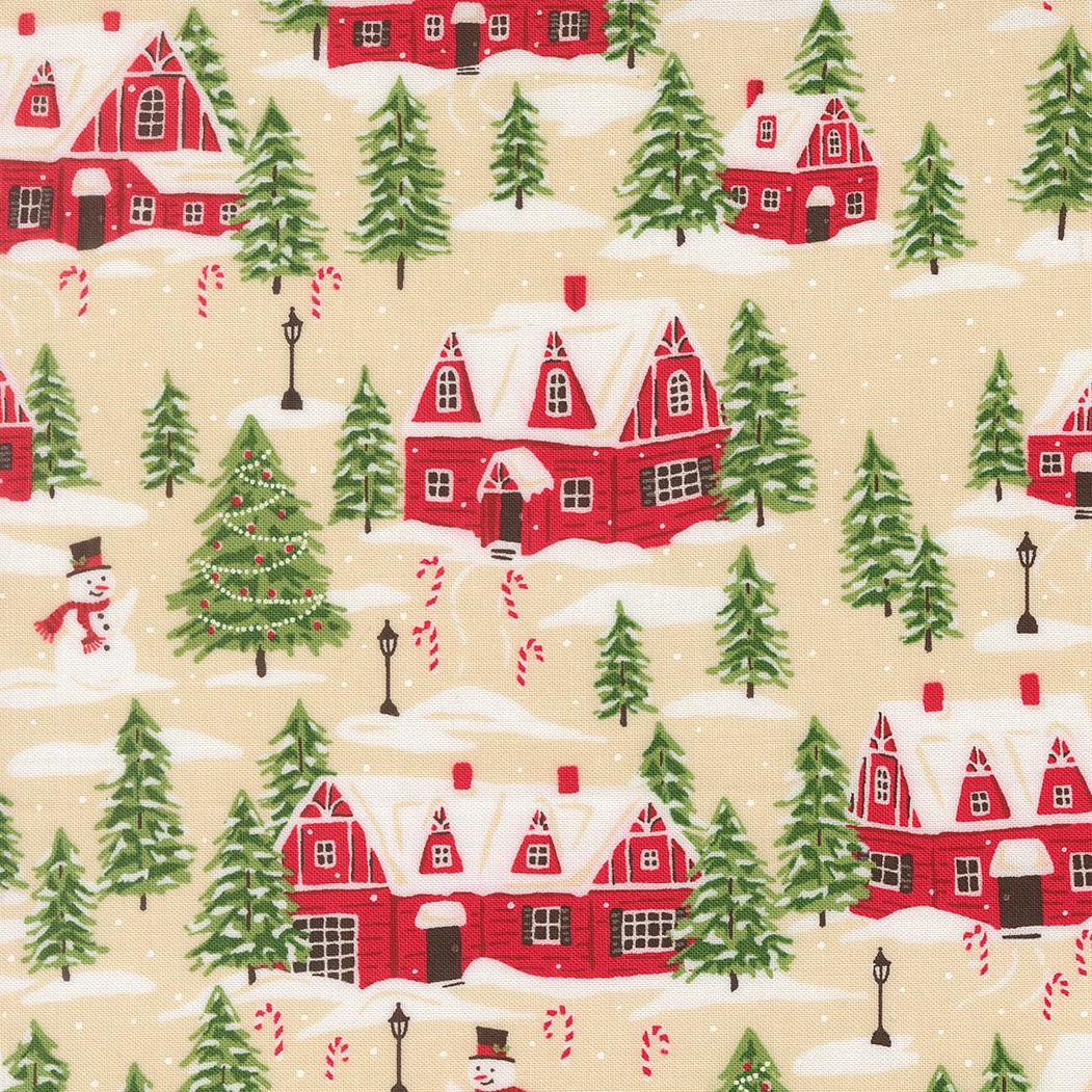 The image is a repeating pattern of red houses with snow-covered roofs, trees, and a snowman, all set against a snowy landscape.